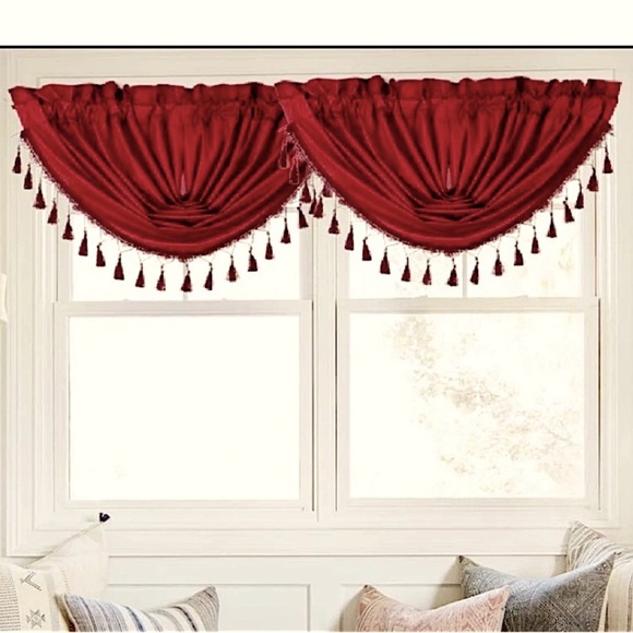 2PC BURGUNDY FRINGE WATERFALL VALANCE - Picture 1 of 1